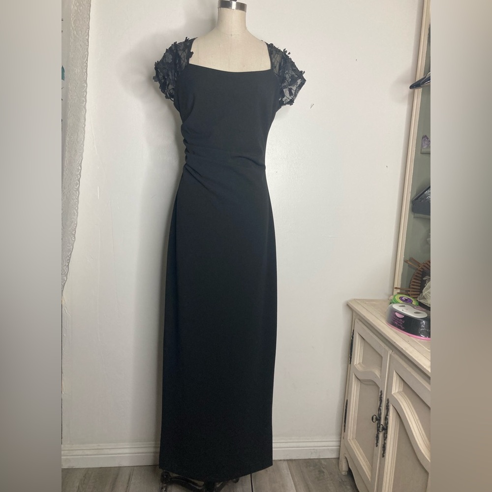 Xscape Black Maxi Dress with Lace Sleeves